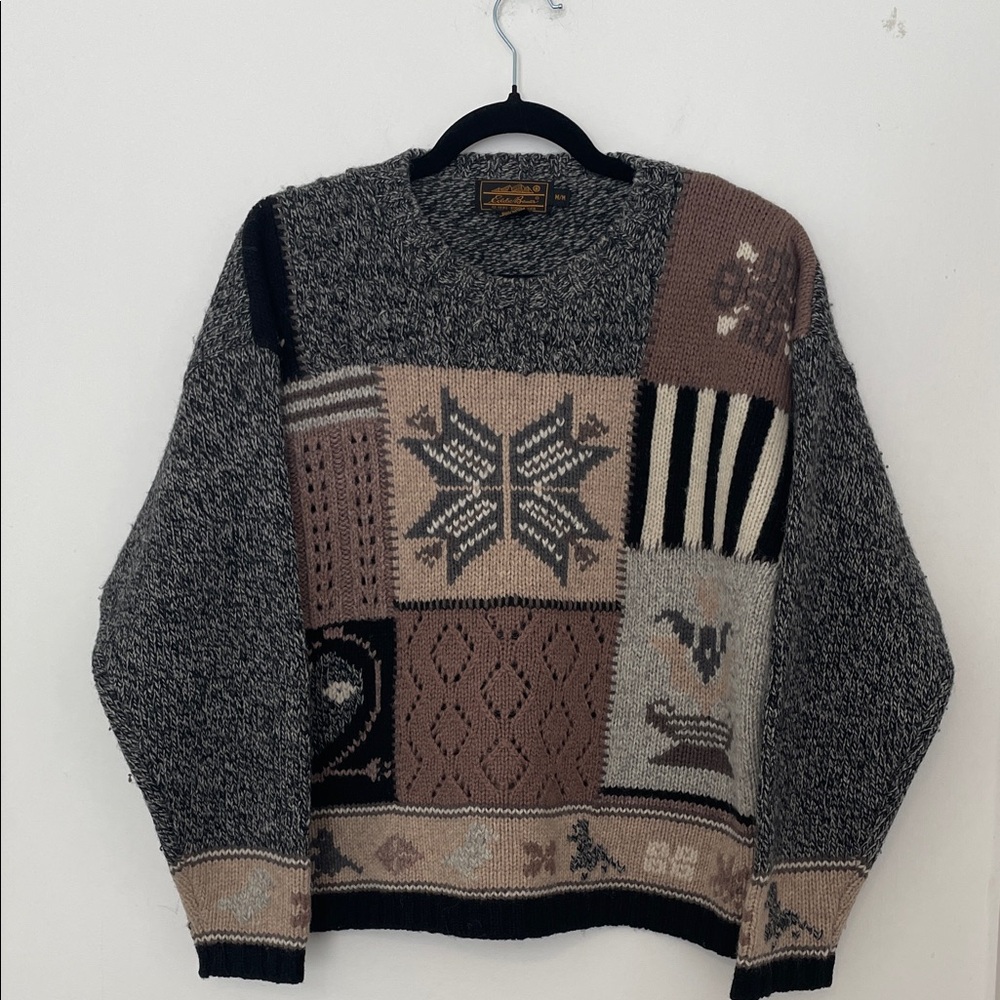 Vintage Women’s Eddie Bauer Wool Patchwork Crewneck Sweater size Medium